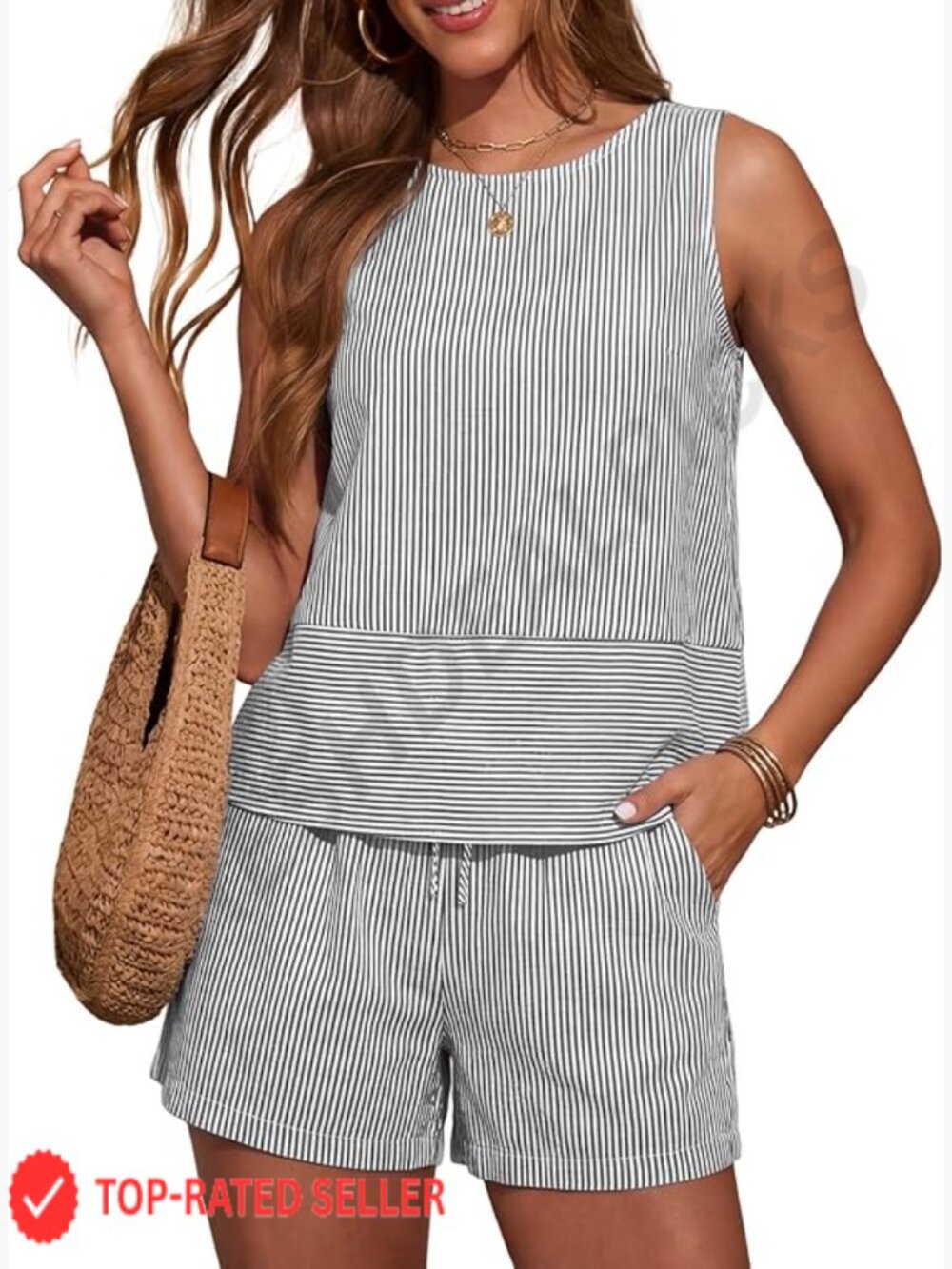 Trendy 2 Piece Short Set Summer Sleeveless Tank Top Matching Shorts Crewneck